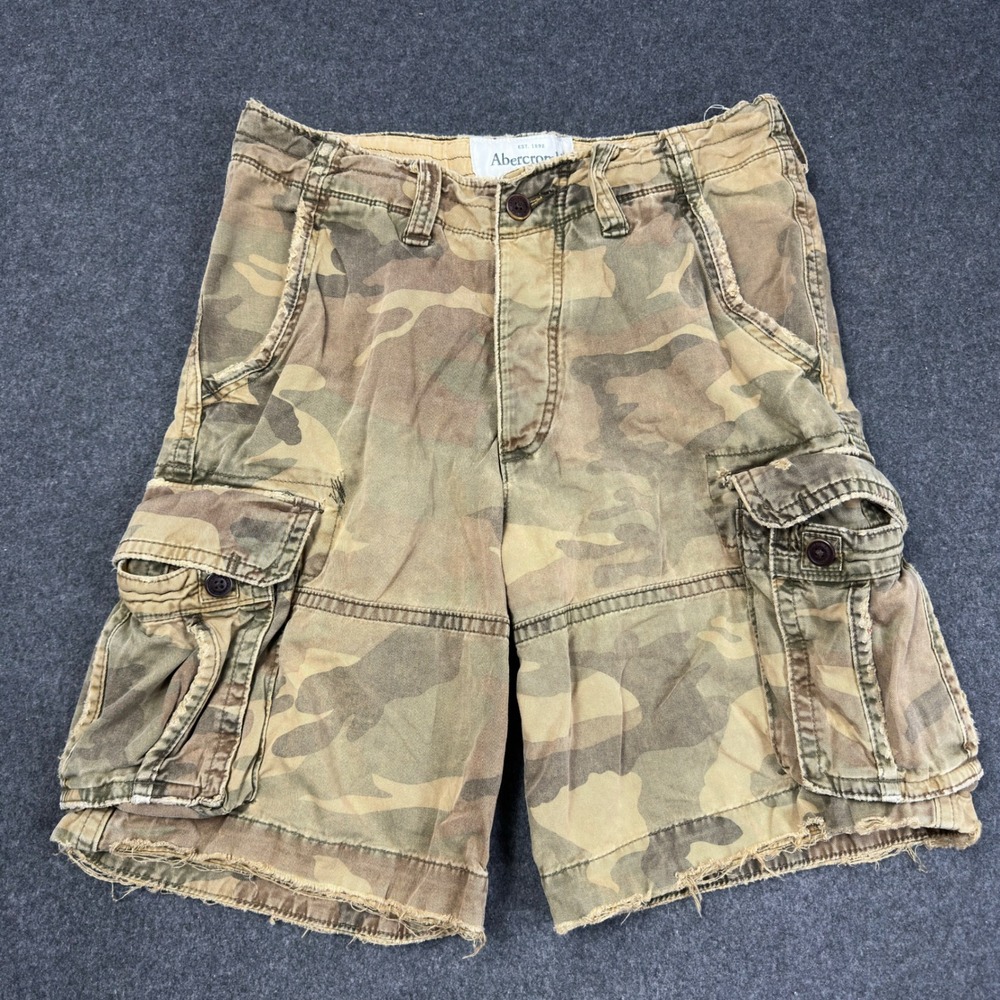 Abercrombie & Fitch Mens Camo Cargo Shorts Green Brown Cotton Button Fly 32